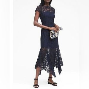 Navy Banana Republic Lace Trumpet Midi Dress Cap Sleeve | Wedding Guest Dress
